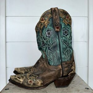 Dan Post Miss Kate Distressed Brown Teal Blue bird Wing Tip Cowboy Boots Sz 7
